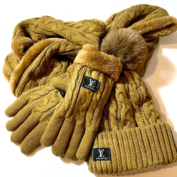 LV Accessories - LV knit brown mittens, hat and soft scarf wrap